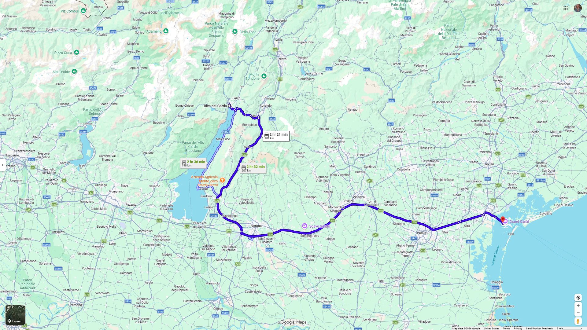 Drive from Riva del Garda to Venice Map